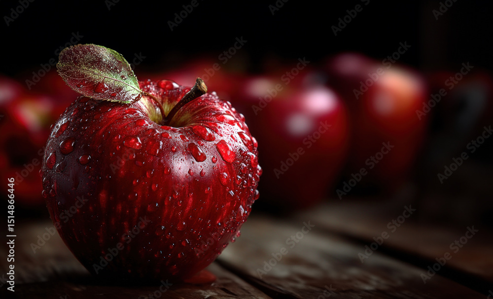 Poster a fresh red apple with droplets of water sits on a wooden table, illuminated by soft light, alongsid