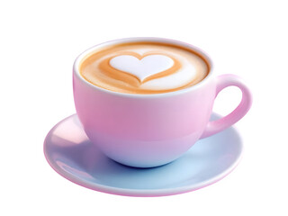 A pink coffee cup with a heart shaped latte art on a saucer against a black background in a close up shot isolated with white background