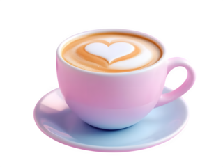 A pink coffee cup with a heart shaped latte art on a saucer against a black background in a close up shot isolated with white background