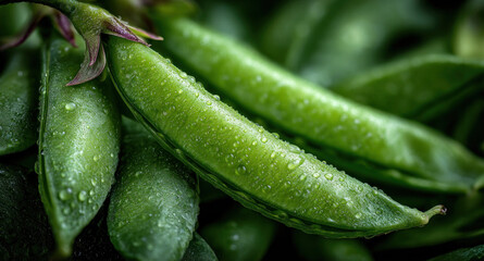 Fresh green peas are nestled in their pods, adorned with glistening water droplets, highlighting their freshness and vibrancy