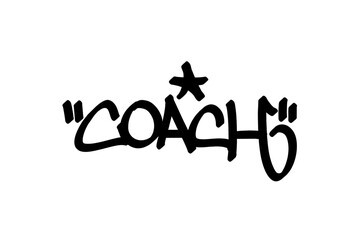 Graffiti tag “Coach” in bold black lettering on transparent background. Urban street art style, perfect for basketball coaching and leadership designs.