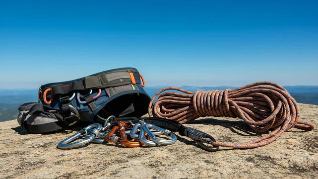 Climbing gear and ropes set against a clear blue sky backdrop