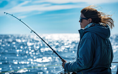 Woman fishing on boat in open sea under bright blue sky. Outdoor recreation and ocean activity.

