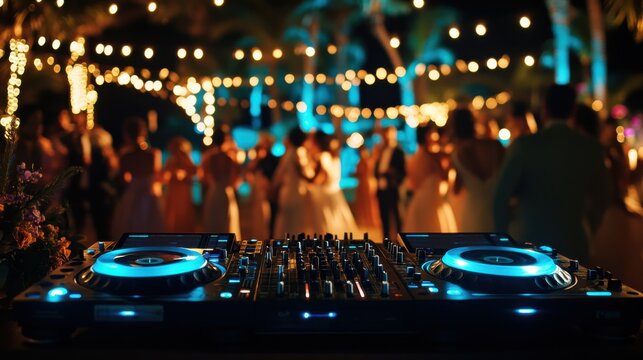 Vibrant DJ booth with turntables, people dancing in lively club setting
