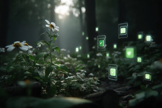 Flowers and glowing icons in a serene forest setting during early morning light