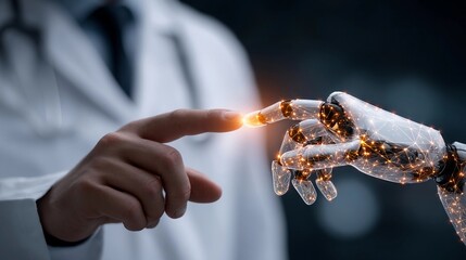Human and robot hands connecting at a futuristic medical facility in the evening
