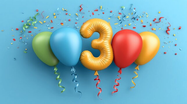 Colorful balloons and confetti celebrating a child's third birthday party