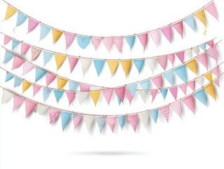 Obraz premium Colorful bunting flags and garlands, perfect for celebrations, parties, and festive occasions, displayed against a clean white background to enhance their vibrant design and charm