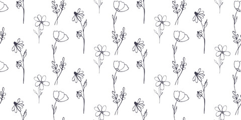 Seamless vector floral pattern of herbs, flowers and branches. Abstract botanical decorative print for decoration and printing on fabric and paper.