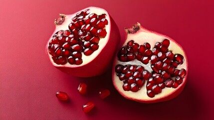 Vibrant ruby pomegranate halves with juicy seeds