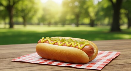 Delicious hotdog with mustard and relish on a picnic table in a sunny park setting surrounded by lush greenery and trees on a warm summer day