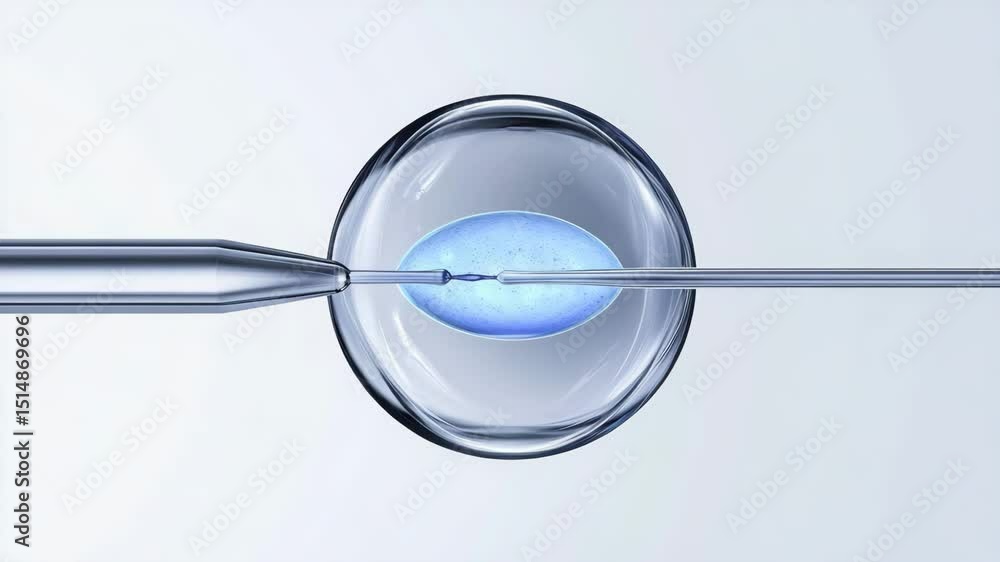 Poster a close-up illustration of in vitro fertilization with a pipette injecting into an ovum inside a pet