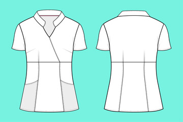 Ladies short sleeve Black and White Modern Scrub Tops technical drawing fashion flat sketch CAD mockup front and back views.