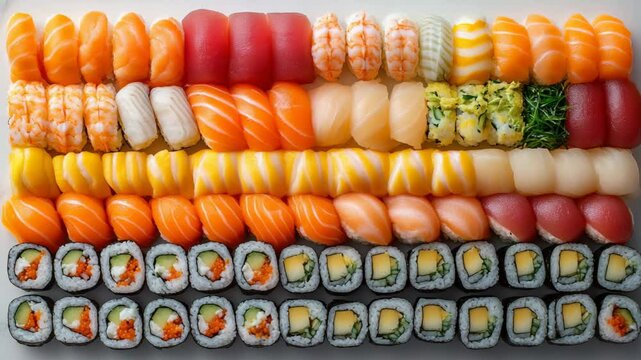 An assortment of colorful sushi rolls and nigiri neatly arranged in rows on a white surface.