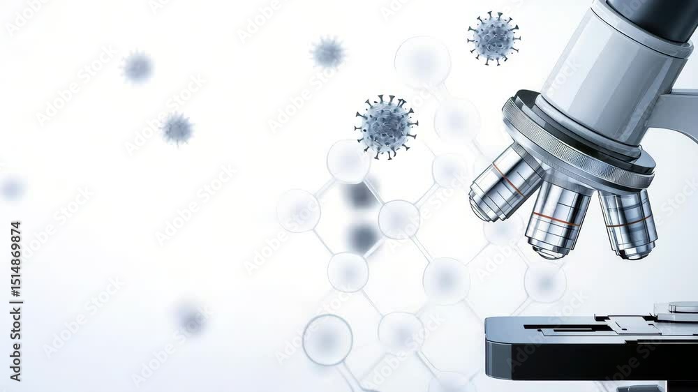 Poster a close-up of a microscope with viruses and molecular structures in the background, representing sci