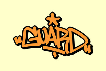 Graffiti tag “Guard” in vibrant orange with bold black outline on yellow background. Strong street energy, ideal for basketball themes, player roles, and bold urban sports art.