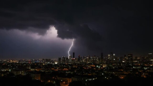 Intense lightning striking city skyline during a stormy night  