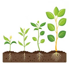 Illustration depicting the growth stages of a plant with roots on a white background