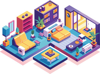 Obraz premium Bedroom interior. A comfortable bed, window, bookcase, and houseplants. Vector flat cartoon illustration 