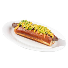 Portion of gourmet american hotdog with sauce