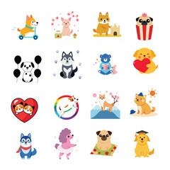 Cute Animal Sticker Collection Featuring Dogs, Cats, and Fantasy Creatures in Playful and Whimsical Scenes.eps