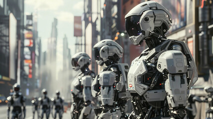 Fototapeta premium Futuristic City Under Watch by Robot Police