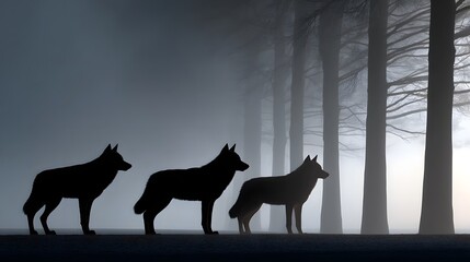 Silhouetted wolf pack under a moonlit, foggy forest
