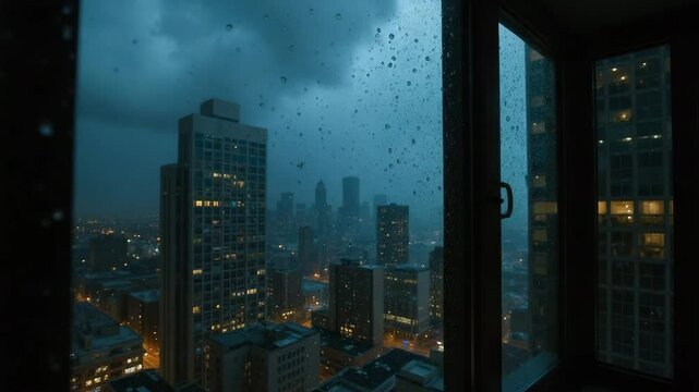 Rainy cityscape viewed through window at night with dark skies  