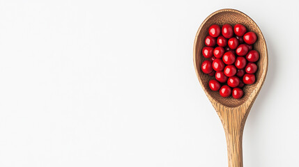A wooden spoon filled with vibrant red azuki beans, set against a clean white background