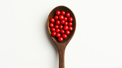 A wooden spoon filled with vibrant red azuki beans, set against a clean white background