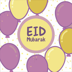 Festive Eid Mubarak background with colorful balloons and golden confetti for celebrations and greetings.