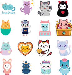 Obraz premium Magical and Cute Cartoon Cats Spreading Joy, Sweet Dreams, Love, Surprise, and Fantasy in Colorful Style.eps