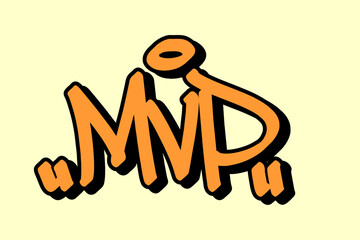 Graffiti tag “MVP” in orange lettering with black outline on yellow background. Energetic urban vibe, perfect for basketball themes, street art projects, and hip hop inspired designs.