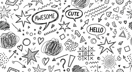 Seamless vector pattern of quirky punk doodles, featuring childlike crayon scribbles, scrawls, and funky abstract shapes. Playful and creative background for textiles, stationery, or digital design.