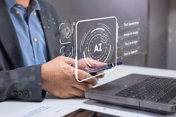 Businessman using a smartphone and laptop with AI technology interface hologram showing various artificial intelligence functions.