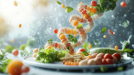 Vibrant personalized nutrition science meal plans showcase fresh vegetables and legumes floating in artistic culinary presentation