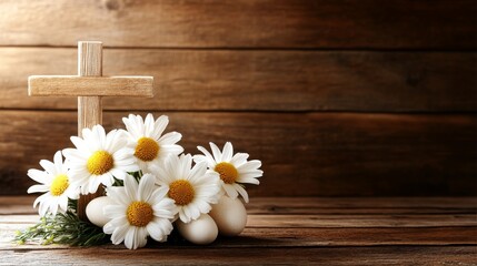 Naklejka premium Wooden Cross with White Daisies and Eggs on Rustic Wooden Surface