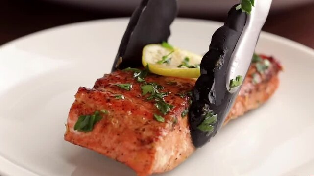 Perfectly pan-seared salmon fillet topped with zesty lemon butter sauce, served as a healthy gourmet meal with fresh herbs, ideal for lunch, dinner, or restaurant-style seafood dining.