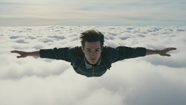Young man flying through clouds with arms outstretched in daylight  