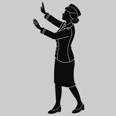a flight attendant demonstrating safety instructions silhouette vector design art and illustration