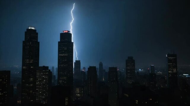 City skyline illuminated by lightning during a stormy night