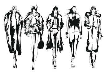 Beautiful young girl in stylish clothes set. Fashion woman look. Sale concept. Hand-drawn fashion illustration. Cute girl in fashion clothes.