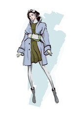 Beautiful young girl in stylish clothes. Fashion woman look. Sale concept. Hand-drawn fashion illustration. Cute girl in fashion clothes.