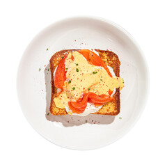 Brioche breakfast toast with egg and salmon