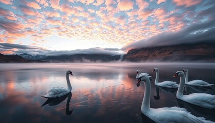 Naklejka premium Serene Swans at Dawn: Majestic Waterbirds on a Misty Lake with Mountain Backdrop