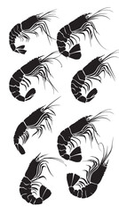 Prawns Vector set Silhouettes , black silhouettes isolated on white background