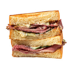 Portion of sandwich with pickles on the cafe table