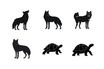 Obraz premium Wolf and tortoise silhouettes set wildlife animals