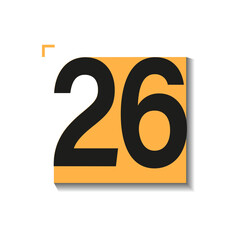 Vector icon of day 26 from full calendar set. Bold black number on orange square with soft shadow and clean layout. Ideal for UI, planners, and printable templates
