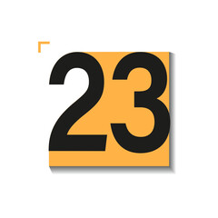 Vector icon of day 23 from full calendar set. Bold black number on orange square with soft shadow and clean layout. Ideal for UI, planners, and printable templates